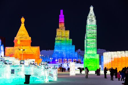 HARBIN, CHINA - JAN 2, 2019: Harbin International Ice and Snow Sculpture Festival is an annual winter festival that takes place in Harbin. It is the world largest ice and snow festival.のeditorial素材