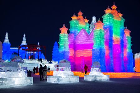 HARBIN, CHINA - JAN 2, 2019: Harbin International Ice and Snow Sculpture Festival is an annual winter festival that takes place in Harbin. It is the world largest ice and snow festival.のeditorial素材