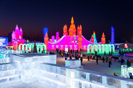 HARBIN, CHINA - JAN 2, 2019: Harbin International Ice and Snow Sculpture Festival is an annual winter festival that takes place in Harbin. It is the world largest ice and snow festival.のeditorial素材
