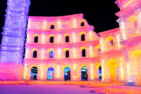 HARBIN, CHINA - JAN 2, 2019: Harbin International Ice and Snow Sculpture Festival is an annual winter festival that takes place in Harbin. It is the world largest ice and snow festival.のeditorial素材