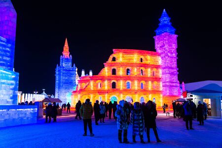 HARBIN, CHINA - JAN 2, 2019: Harbin International Ice and Snow Sculpture Festival is an annual winter festival that takes place in Harbin. It is the world largest ice and snow festival.のeditorial素材