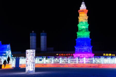 HARBIN, CHINA - JAN 2, 2019: Harbin International Ice and Snow Sculpture Festival is an annual winter festival that takes place in Harbin. It is the world largest ice and snow festival.のeditorial素材