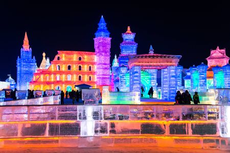 HARBIN, CHINA - JAN 2, 2019: Harbin International Ice and Snow Sculpture Festival is an annual winter festival that takes place in Harbin. It is the world largest ice and snow festival.のeditorial素材