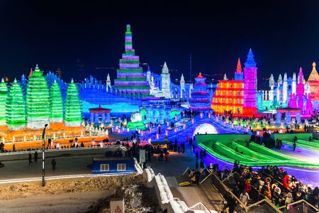 HARBIN, CHINA - JAN 2, 2019: Harbin International Ice and Snow Sculpture Festival is an annual winter festival that takes place in Harbin. It is the world largest ice and snow festival.のeditorial素材