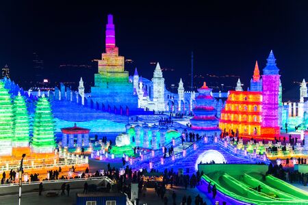 HARBIN, CHINA - JAN 2, 2019: Harbin International Ice and Snow Sculpture Festival is an annual winter festival that takes place in Harbin. It is the world largest ice and snow festival.のeditorial素材
