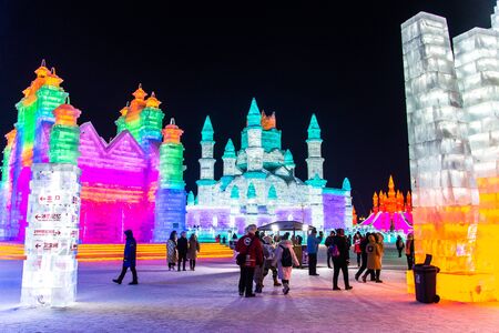HARBIN, CHINA - JAN 2, 2019: Harbin International Ice and Snow Sculpture Festival is an annual winter festival that takes place in Harbin. It is the world largest ice and snow festival.のeditorial素材