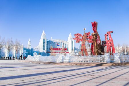 HARBIN, CHINA - JAN 2, 2019: Harbin International Ice and Snow Sculpture Festival is an annual winter festival that takes place in Harbin. It is the world largest ice and snow festival.のeditorial素材