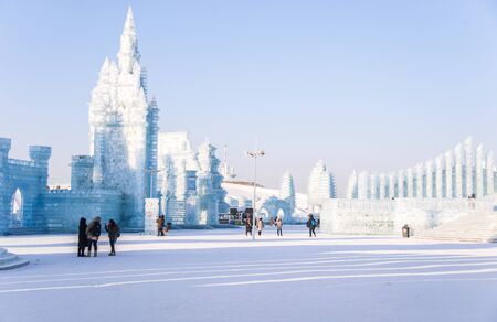 HARBIN, CHINA - JAN 2, 2019: Harbin International Ice and Snow Sculpture Festival is an annual winter festival that takes place in Harbin. It is the world largest ice and snow festival.のeditorial素材