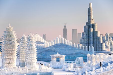 HARBIN, CHINA - JAN 2, 2019: Harbin International Ice and Snow Sculpture Festival is an annual winter festival that takes place in Harbin. It is the world largest ice and snow festival.のeditorial素材