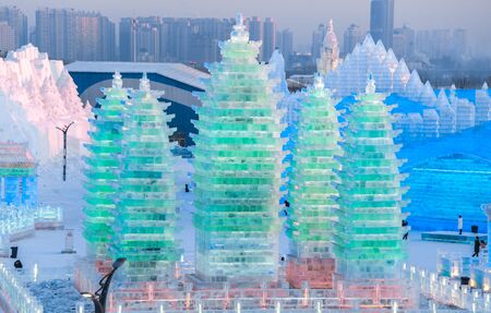 HARBIN, CHINA - JAN 2, 2019: Harbin International Ice and Snow Sculpture Festival is an annual winter festival that takes place in Harbin. It is the world largest ice and snow festival.のeditorial素材