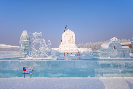 HARBIN, CHINA - JAN 15, 2020: Harbin International Ice and Snow Sculpture Festival is an annual winter festival that takes place in Harbin. It is the world largest ice and snow festival.のeditorial素材