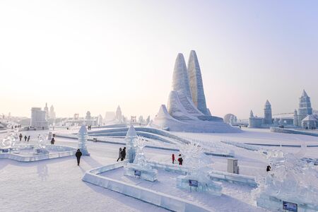 HARBIN, CHINA - JAN 15, 2020: Harbin International Ice and Snow Sculpture Festival is an annual winter festival that takes place in Harbin. It is the world largest ice and snow festival.のeditorial素材