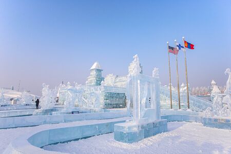 HARBIN, CHINA - JAN 15, 2020: Harbin International Ice and Snow Sculpture Festival is an annual winter festival that takes place in Harbin. It is the world largest ice and snow festival.