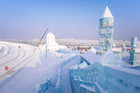 HARBIN, CHINA - JAN 15, 2020: Harbin International Ice and Snow Sculpture Festival is an annual winter festival that takes place in Harbin. It is the world largest ice and snow festival.のeditorial素材