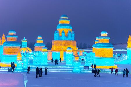 HARBIN, CHINA - JAN 15, 2020: Harbin International Ice and Snow Sculpture Festival is an annual winter festival that takes place in Harbin. It is the world largest ice and snow festival.のeditorial素材