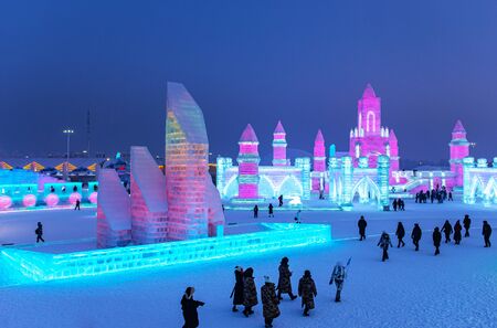 HARBIN, CHINA - JAN 15, 2020: Harbin International Ice and Snow Sculpture Festival is an annual winter festival that takes place in Harbin. It is the world largest ice and snow festival.のeditorial素材