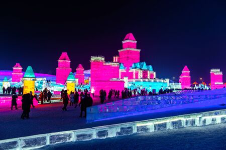 HARBIN, CHINA - JAN 15, 2020: Harbin International Ice and Snow Sculpture Festival is an annual...