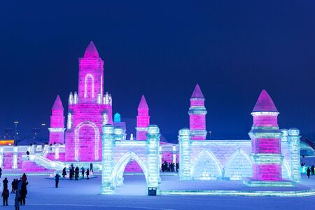 HARBIN, CHINA - JAN 15, 2020: Harbin International Ice and Snow Sculpture Festival is an annual winter festival that takes place in Harbin. It is the world largest ice and snow festival.のeditorial素材