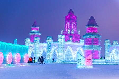 HARBIN, CHINA - JAN 15, 2020: Harbin International Ice and Snow Sculpture Festival is an annual winter festival that takes place in Harbin. It is the world largest ice and snow festival.のeditorial素材