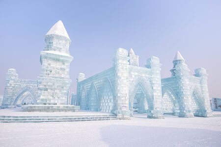 HARBIN, CHINA - JAN 15, 2020: Harbin International Ice and Snow Sculpture Festival is an annual winter festival that takes place in Harbin. It is the world largest ice and snow festival.のeditorial素材