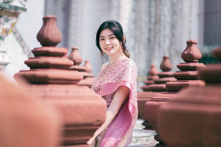 Beautiful Asian girl in Thai traditional costume at templeの写真素材