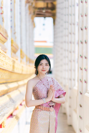 Beautiful Asian girl in Thai traditional costume at templeの写真素材