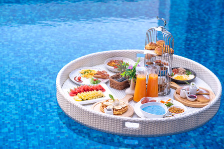 Breakfast in swimming pool, floating breakfast in villa resort. relaxing in calm pool water, healthy breakfast and tropical fruit.の写真素材