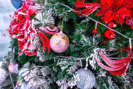 Christmas tree and decorations outdoor in snow winterの写真素材