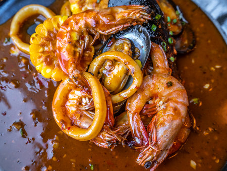 delicious spicy mixed seafood - shrimps, sqiud, mussel and cornの写真素材
