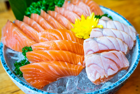 salmon sashimi and sushi in Japanese restaurant, Japanese Foodの写真素材