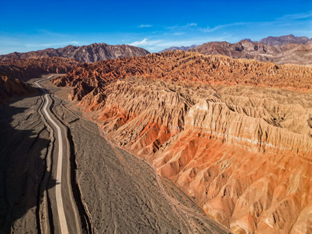 Aerial view of the Flaming Mountains in Turpan, western China. The silk road.の写真素材
