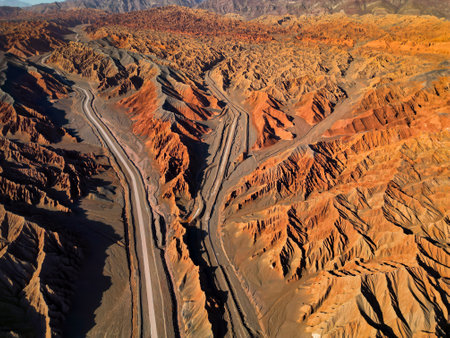 Aerial view of the Flaming Mountains in Turpan, western China. The silk road.の写真素材