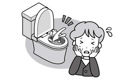 Grandmother who is in trouble because the water in the washlet does not stopのイラスト素材