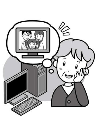 An old woman who wants to use a computer to talk to a remote family remotelyのイラスト素材