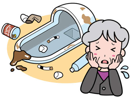 A grandmother who is troubled with a Japanese style toilet with scattered dustのイラスト素材