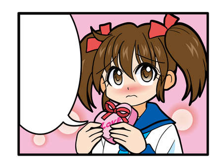 A cartoon of a girl in a sailor suit who is blushing and worried about giving Valentines chocolateのイラスト素材