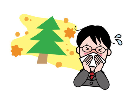 A young male businessman who has a runny nose due to hay feverのイラスト素材