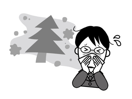 A young male businessman who has a runny nose due to hay feverのイラスト素材