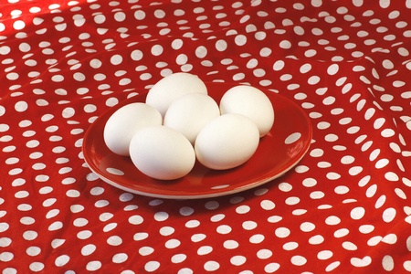 eggs on a red plate on red backgroundの写真素材