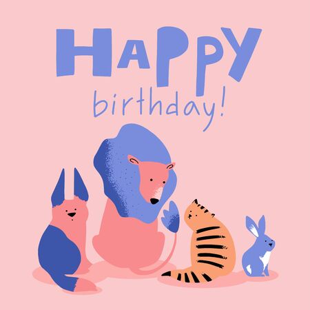 Cartoon animals illustration. Lion, cat, dog and fox character. Isolated lettering happy birthday. Can be used for baby shower, birthday, party invitation, posterのイラスト素材