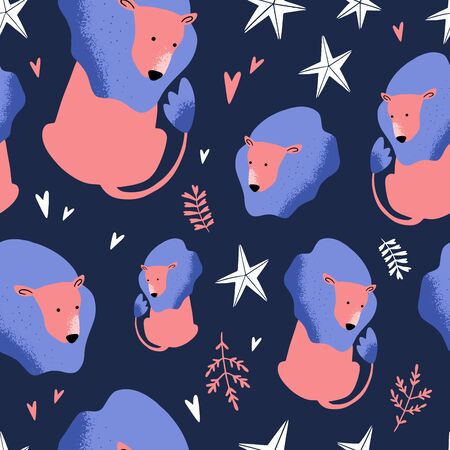 Cute Lion Pattern with Dark Blue Background and Stars. Can be used for textile, poster, wallpaper, birthday card.のイラスト素材