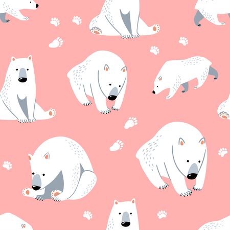 Seamless Polar Bear Pattern with Pink Background, Cute Bear Cartoon Vector Illustration. Can be used for textile, poster, wallpaper, birthday card.のイラスト素材