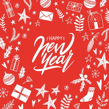 Merry Christmas and Happy New Year. Christmas season hand drawn card with red background. Vector illustration, lettering. Doodle style. Ornaments, snowflakes, presents. Winter holiday card, posterのイラスト素材