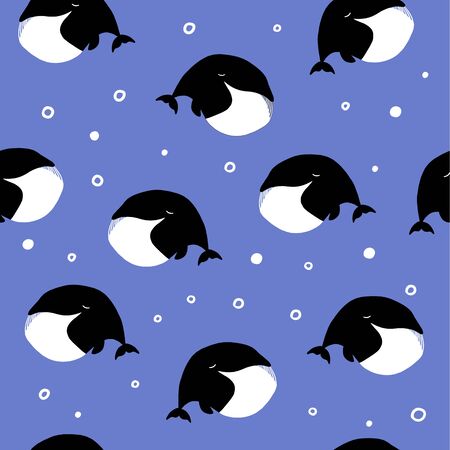 Seamless Pattern with Cute Whales and Blue Background. Vector Illustration. Can be used for textile, poster, wallpaper, birthday card.のイラスト素材