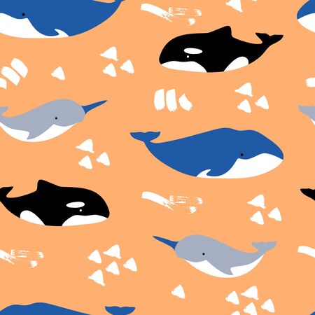 Seamless pattern with cute cartoon whale, orca, narwhal on orange background. Character design for fabric, textile, decor, children invite, baby showerのイラスト素材