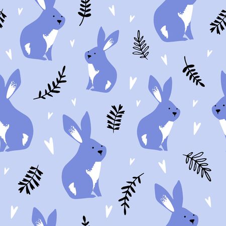 Cute Bunny Pattern with Blue Background and Branches. Can be used for textile, poster, wallpaper, birthday card.のイラスト素材