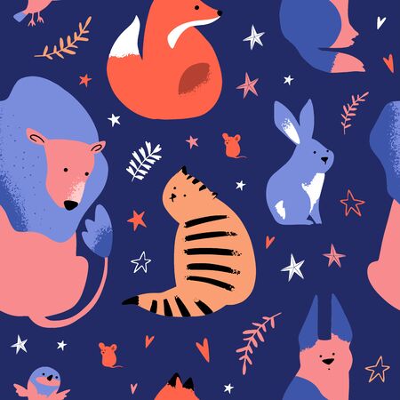 Cute Animal Pattern with Dark Blue Background. Can be used for textile, poster, wallpaper, birthday card.のイラスト素材