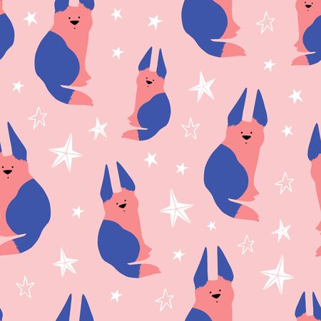 Cute Dog Pattern with Pink Background and Stars. Can be used for textile, poster, wallpaper, birthday card.のイラスト素材