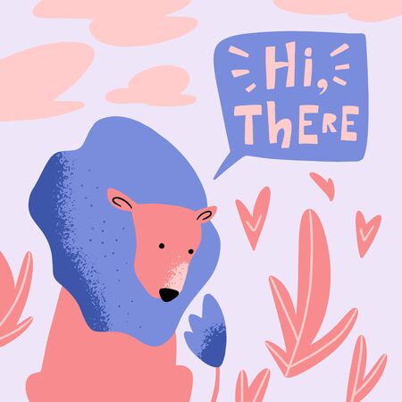Cartoon animal illustration. Cute lion character. Isolated lettering hi there. Can be used for baby shower, birthday, party invitation, posterのイラスト素材