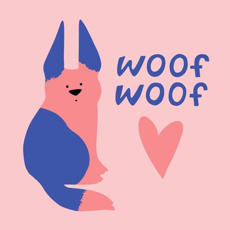 Cartoon dog illustration. Domestic animal, cute character. Isolated vector card with quote woof woof. Can be used for baby shower, birthday, party invitation, posterのイラスト素材